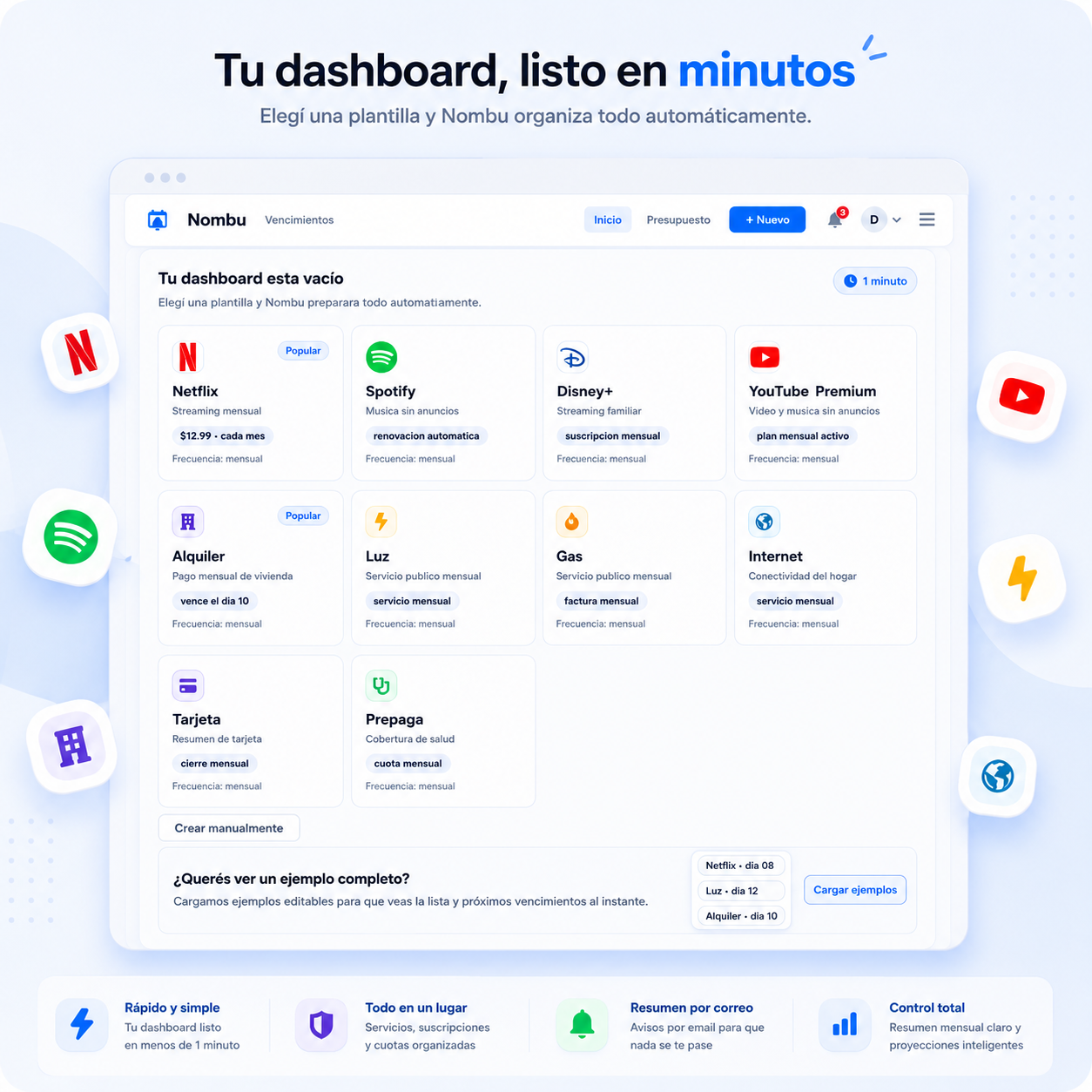 Onboarding de Nombu con plantillas para cargar primeros vencimientos